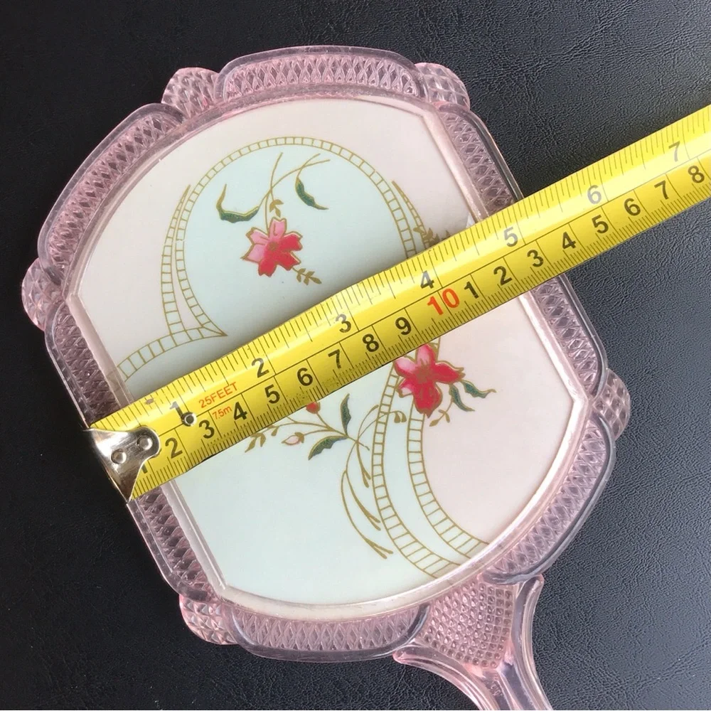 Vintage Celluloid Floral Mirror Vanity Handled Dainty Pretty Flower Mirror Pink